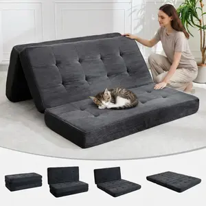 Tri-Fold Memory Foam Sofa Bed - 6 Inch Thick Tufted Folding Mattress - Convertible Floor Futon with Corduroy Cover - Portable Twin Guest Bed for Adults, Bedrooms, Living Rooms, RVs, Camping, 39"x75"