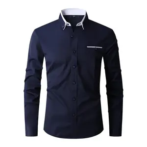 Patchwork Collar Design Men's Formal Long Sleeve Shirt With Chest Pocket, Men's Button Up Shirt For Business Formal Occasions, Gift For Men