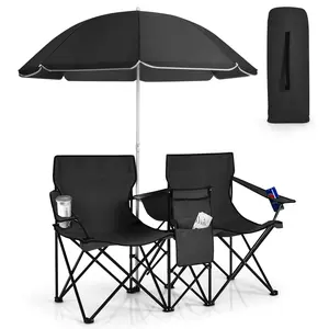 Double Camping Chair, Folding Camp Chair with Removable Umbrella, Cup Holders, Cooler Bag, Side Pocket & Carry Bag, 2-Person Beach Chair for Outdoor, Sports, Concerts, Travel, Picnic (Black)