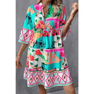 Multicolour Abstract Printed Half Sleeve Notched Neck Mini Dress