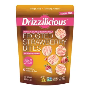 Drizzilicious Frosted Strawberry Bites Mini Rice Cakes Chocolate Drizzled, Gluten Free, Vegan, Non-GMO, Popped with Avocado Oil, Quinoa, Chia, Flax, 8 oz