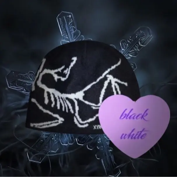 Arc'teryx Bird Head Toque Beanie, Black White Skeleton Graphic, Warm Knit Winter Hat, Unisex Outdoor Streetwear