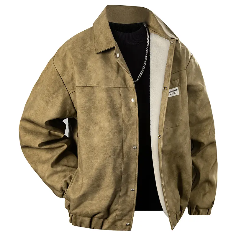 Men's Winter Fleece Lined Thick Warm Windproof Leather Jacket with Lapel Collar Simple Retro Design