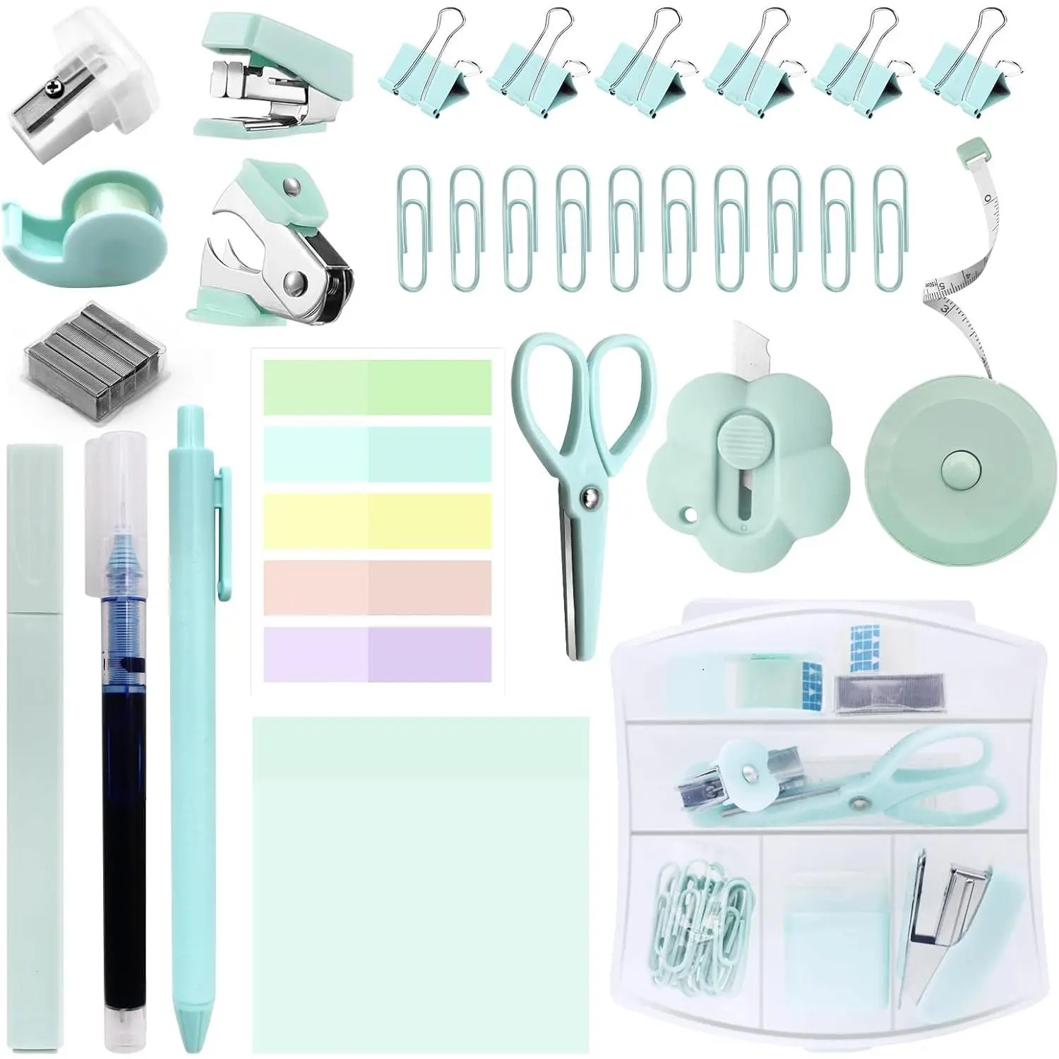 Mini Office  Kit, Teal Mini Stapler with Staples and Tape Dispenser Set, Mini Stationary Kit Includes Sticky Notes Index Tabs Highlighters Gel Pens for Office & School Annotating Books (Teal)