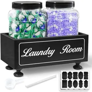 Laundry Pods Container Laundry Room Organization and Storage with 2 Plastic Jars, Spoon, Labels, Farmhouse Laundry Room Decor and Accessories for Laundry Pods, Detergent, Powder, Scent Booster