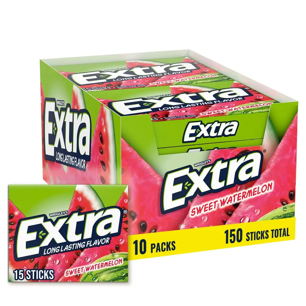 EXTRA Gum Sweet Watermelon Sugarfree, Bulk, Individually Wrapped, Long Lasting Fruit Gum Watermelon Flavor Perfect for Fresh Breath at School, Work & Travel 15 Count, Pack of 10