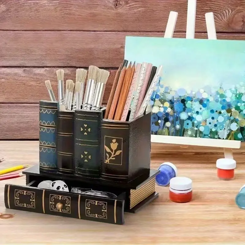 Vintage European Style Wooden Pen Holder, Three-Tier Bookshelf Desk Organizer Tidy, Decorative Organizer, Accents, Office & Home Decor, Office Desk Accessories, Aesthetic Office Supplies, Creative Gift