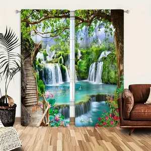 2 Piece Set Landscape Painting Curtains, Window Curtain, Living Room Bedroom Drapes, Home Decor for Study Balcony, Holiday Decoration