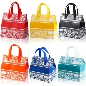 12 Piece Floral Pattern Insulated Takeout Bags, Reusable PP Material Ideal for Cakes and Bubble Tea, Durable Gift Wrapping, Wedding Party Packaging for Picnics and Parties in 6 Colors, Flower Design