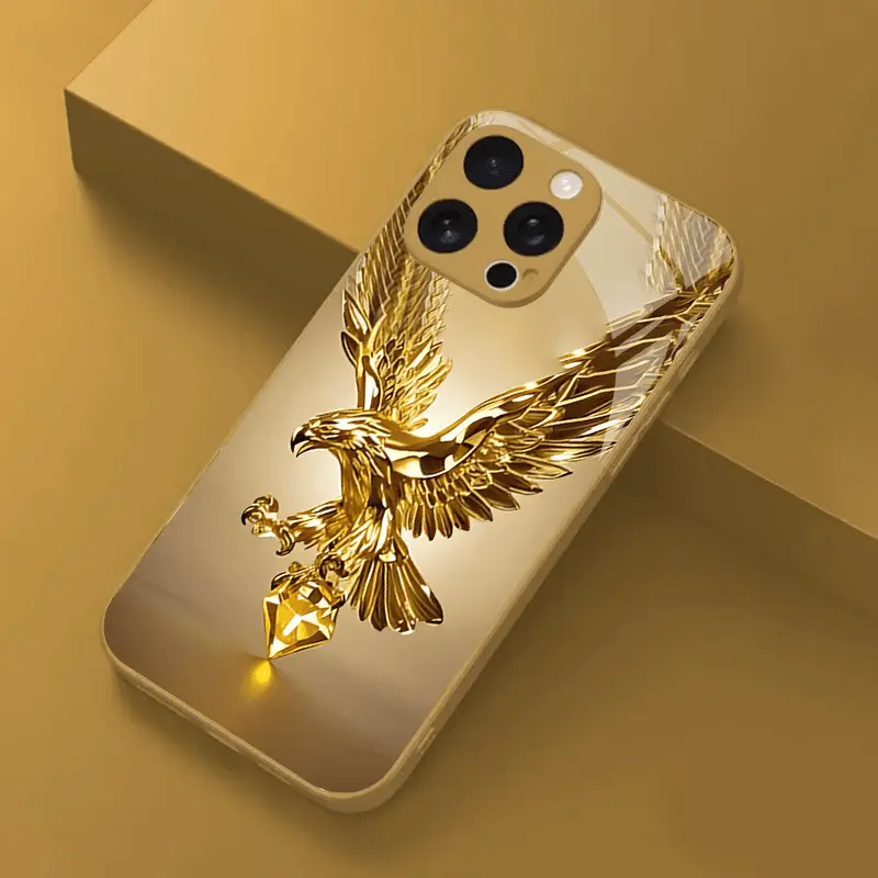 Golden eagle bird creative design pattern fashionable and beautiful glass phone case for iPhone 17/16/15/14/13/12/11/6/7/8/X/XS/XR/XSMAX personalized anti-drop creative advanced sense glass phone case BLJS101AJWD, Accessories, Smartphone