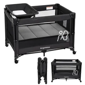 ANGELBLISS Baby Bassinet Bedside Crib, Pack and Play with Mattress, Diaper Changer, One-Push Setup Playards from Infants to Toddlers