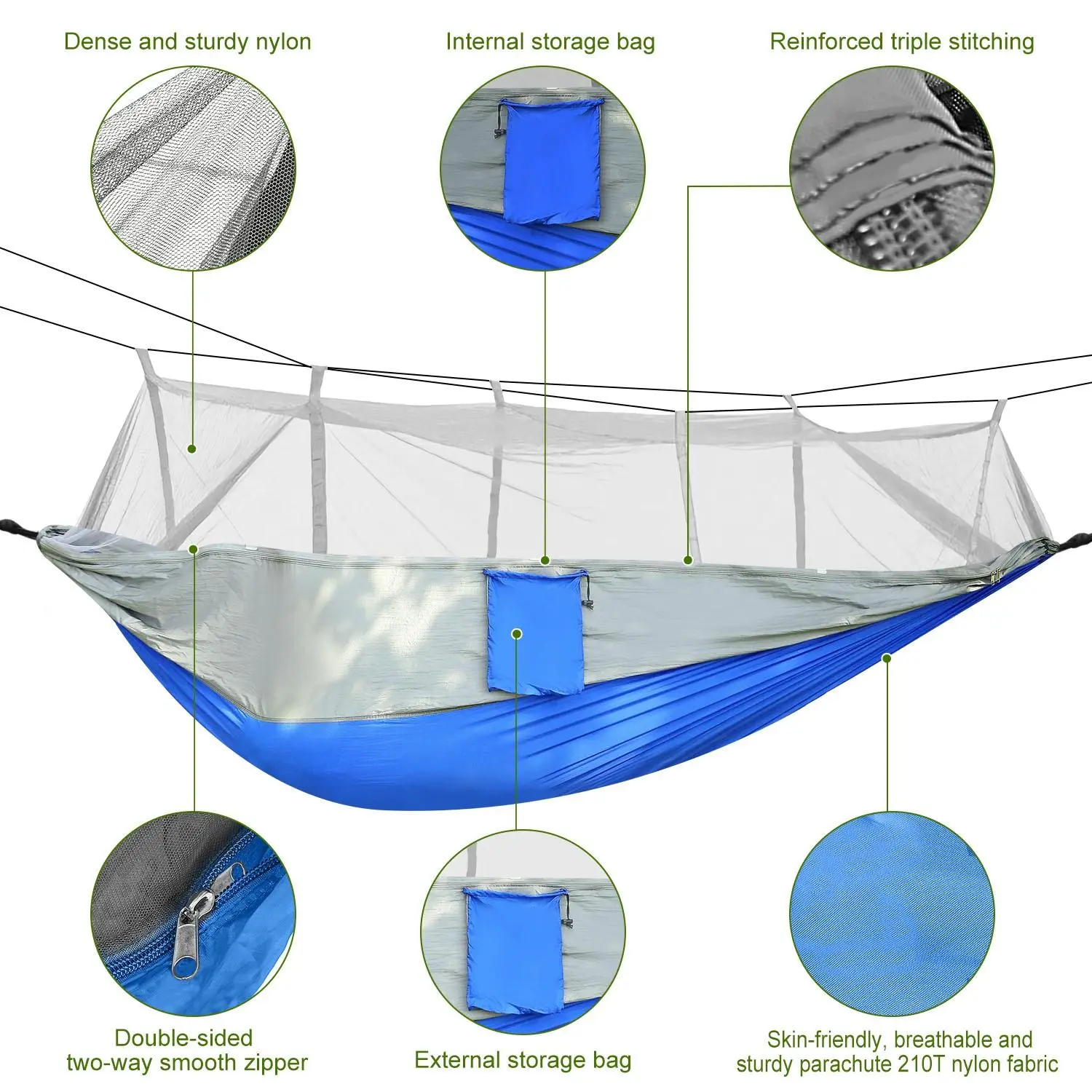 Outdoor Anti-Bug Hammock with Fine Mesh Mosquito Net, Foldable Portable Tree Hanging Swing Bed for Camping Garden