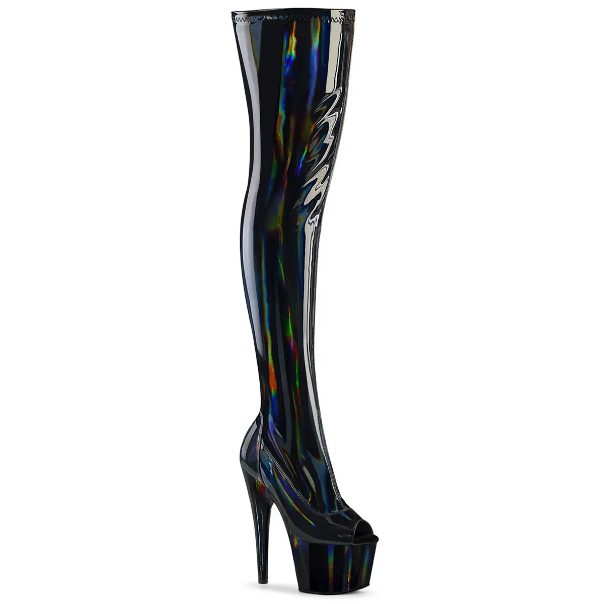 Women's 7-in Heel ADORE-3011HWR Black, Stretch, Holo Platform Boot, Stylish Casual Footwear, Over-The-Knee, Shoe, Zip, Holographic, Peep Toe, Height Increase Solutions