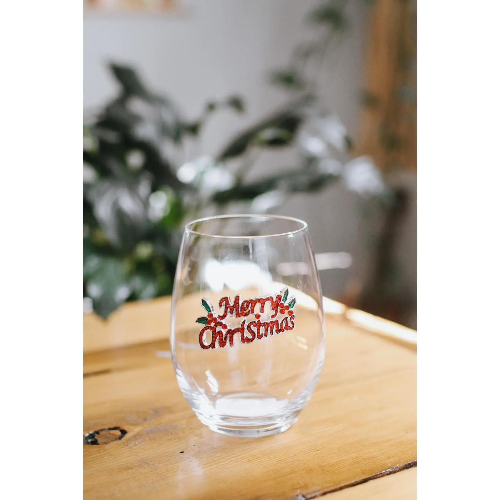 Merry Christmas Rhinestone Stemless Wine Glass