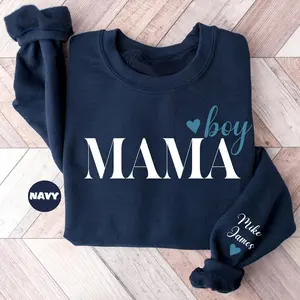 Personalized This Mama Wears Her Heart On Her Sleeve Sweater, Custom Mom With Kids Names Hoodies, Motherhood Gift, Mother's Day Gifts