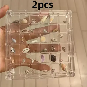 2 Pieces 36-Slot Mini Shell Storage Display Boxes, Storage Containers, Transparent Large Grid Compartments, Ideal for Storing and Displaying Shells on the Beach