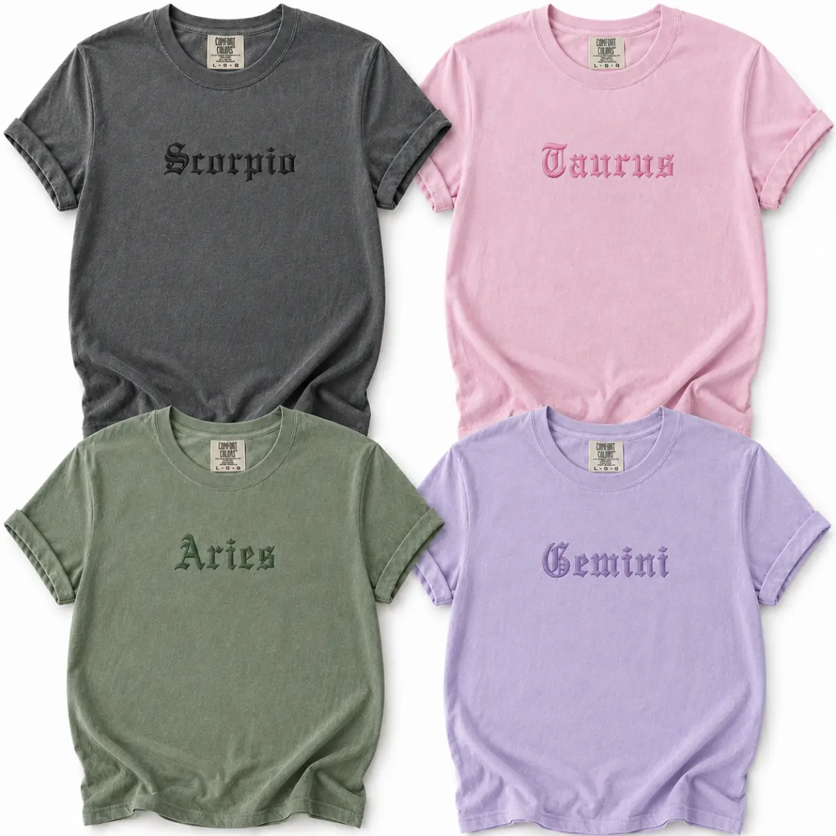 [Full 12 Zodiac Team - Embroidered Only] Comfort Colors Embroidered Zodiac T-Shirt for Women, Vintage Gothic Astrology Tee, Scorpio Taurus Aries Gemini Shirt, Y2K Horoscope Apparel, Celestial Birthday Gift for Astrology Lovers