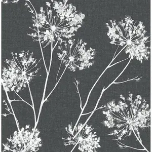 NextWall One O'Clock Botanical Peel and Stick Wallpaper Charcoal Gray