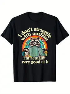 Menswear Casual Short-Sleeve Streetwear Top, Funny OOTD Autistic Raccoon Meme T-Shirt with "I Don't Struggle With Autism" Slogan
