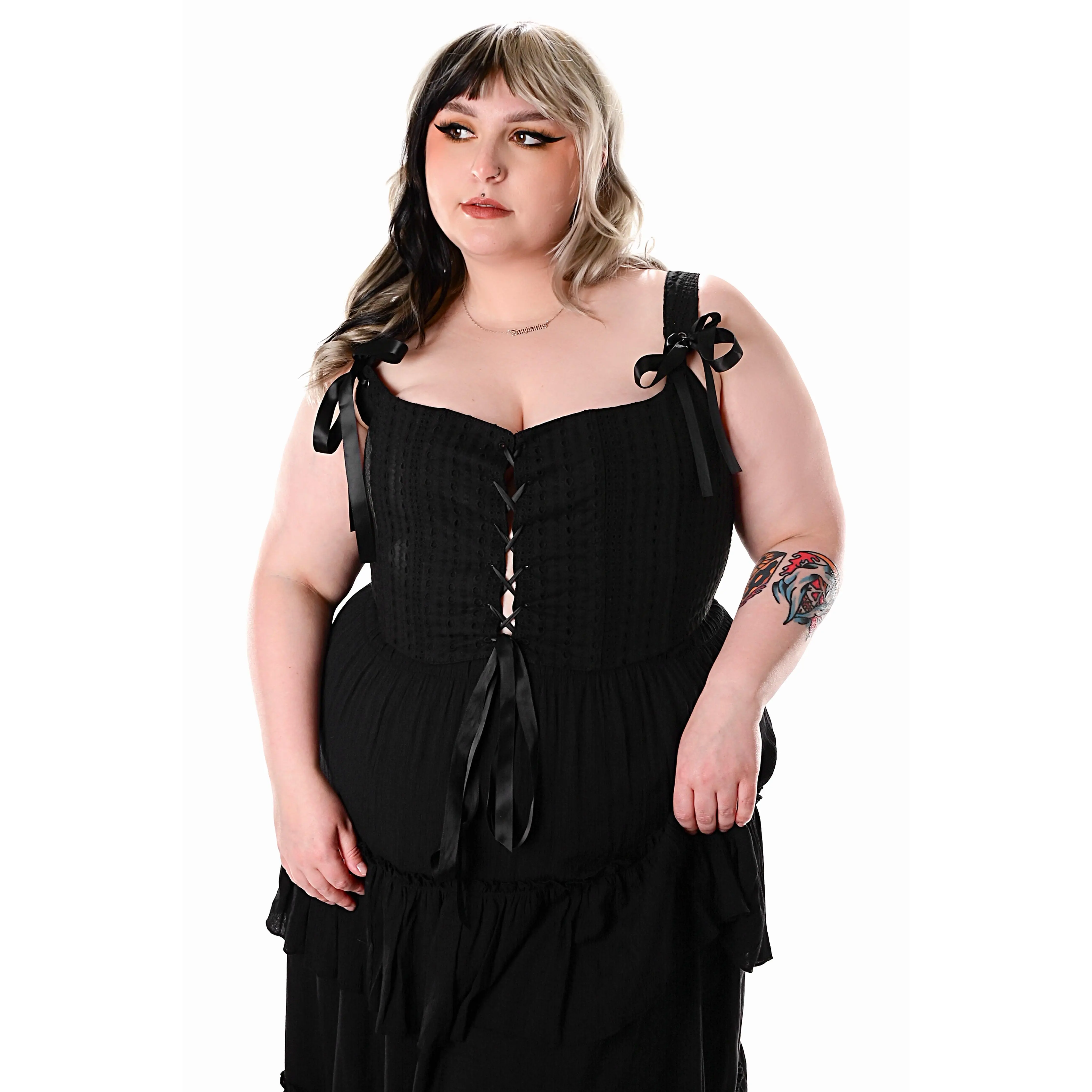 Foxblood Shop Women's Lady Sleeveless Yvonne Cotton Corset Top - Adjustable, Zipper-Closure, Ribbon-Accented, Satin-Trimmed Tank Top, Corset Tops