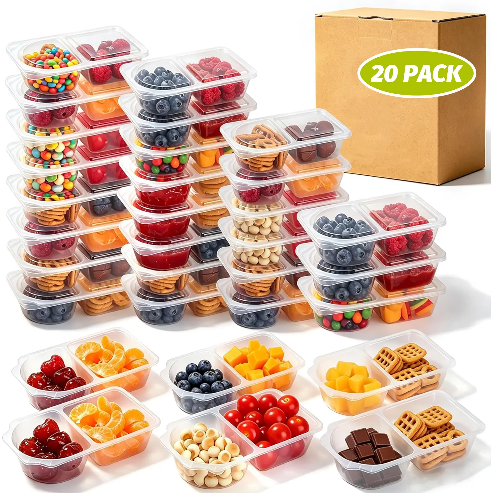 40 sets Reusable Snack Containers 2 CompartmentCondiment Container With Lids Snackle Box Container Portion Control for Refrigeration Sauce,OutdoorTakeaway, Travel