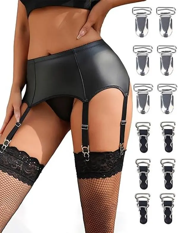 OHYEAH Women's Faux Leather Lingerie Garter Belt Set, 6-Strap Metal Clip Adjustable Strap Suspenders for Thigh Highs with Thong, Intimate Gifts for Women