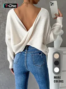 Women's Plain Wrap Backless Drop Shoulder Long Sleeve Sweater Top, Y2K Style Trendy Elegant Scoop Neck Jumper for Spring & Fall, Women's Knitwear for Casual Daily Wear, Womenswear Piece