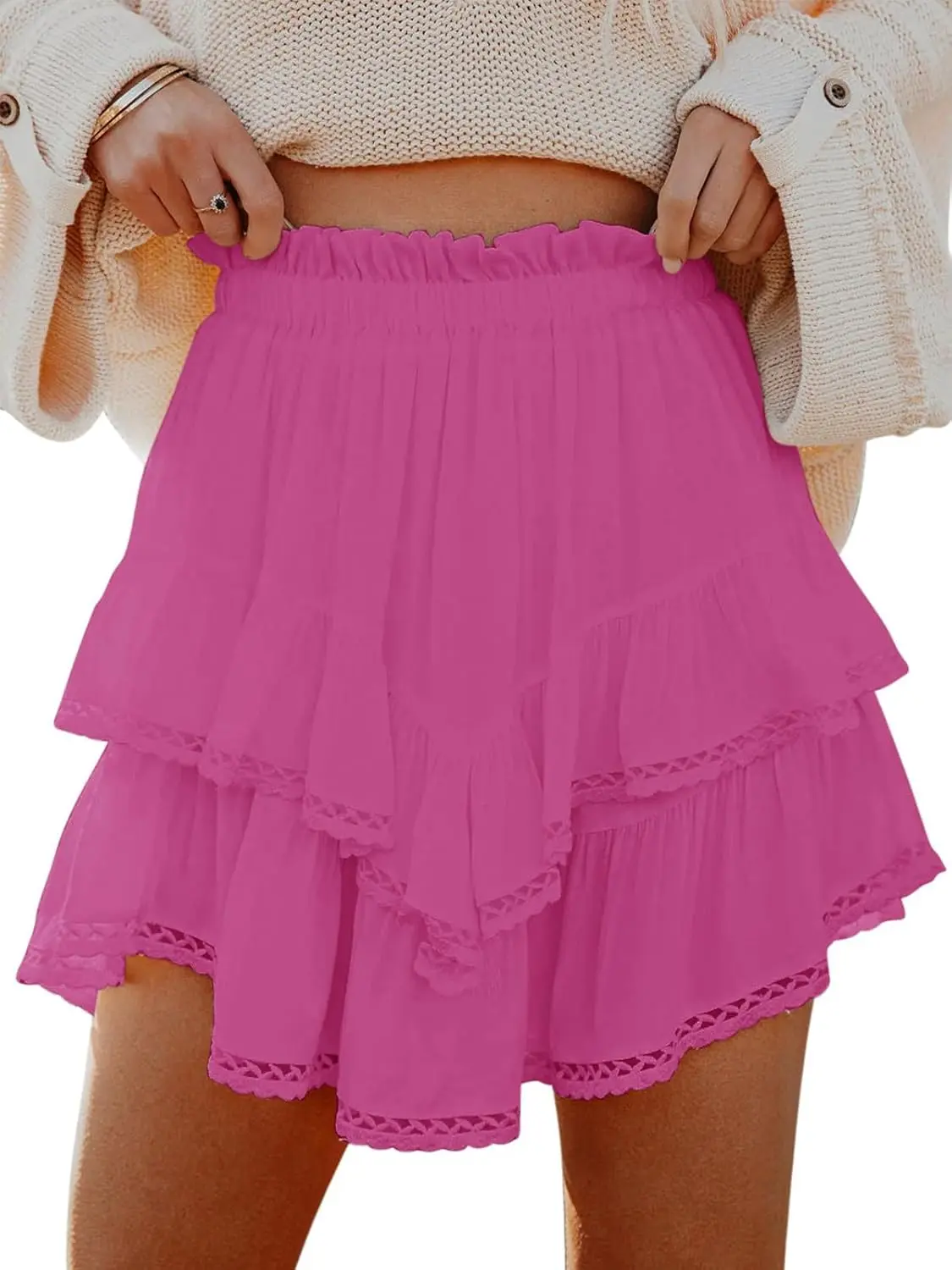 Women's High-Waist Boho Flowy Ruffle Tiered Casual Sporty Skorts - Crochet Butterfly Mini Skorts with Tennis, Golf Functionality for Outdoor Sports, Female Women's Clothes, Tennis Attire
