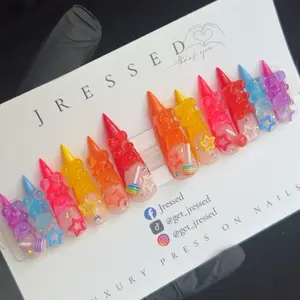Jressed Gummy Bear Land Long Stiletto Luxury Press On Nails Size XS Glossy Builder Gel Finish with Tools & Products Included