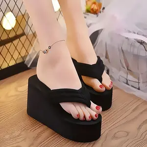 Women's Wedge Flip-Flops, Fashion Black Platform High Heel Slippers, Summer Outdoor Beach Slippers