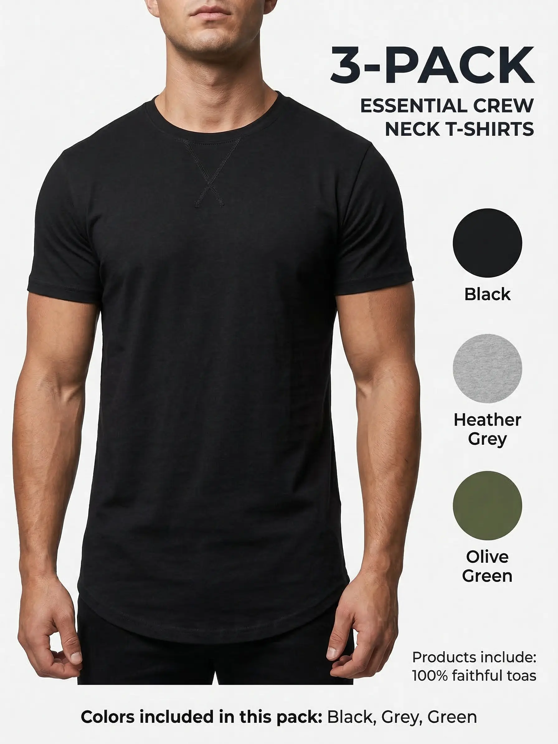 Men's 3-Pack Longline Cotton-Elastane Blend Shortleeve T-Shirts - Casual Chic Crewneck, Athletic Fit, Durable Shape & Color Retention, Streetwear & Club Tops, Shortsleeve, Round Neck