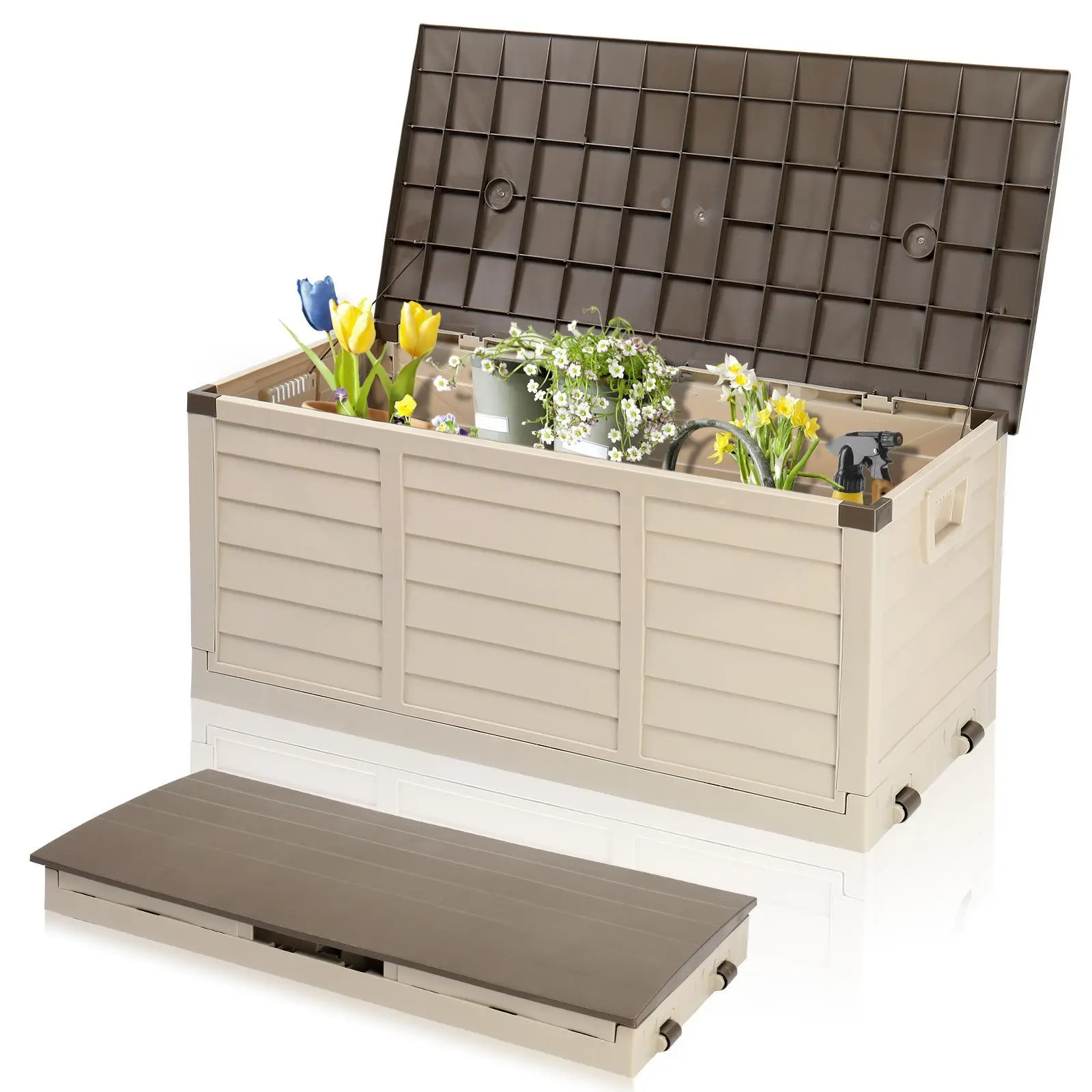 75 Gallon Collapsible Outdoor Storage Box, Simple-to-assemble Plastic Storage Containers with Lid, Patio Deck Box Furniture for Garden, Pool, Balcony, Yard (Coffee)