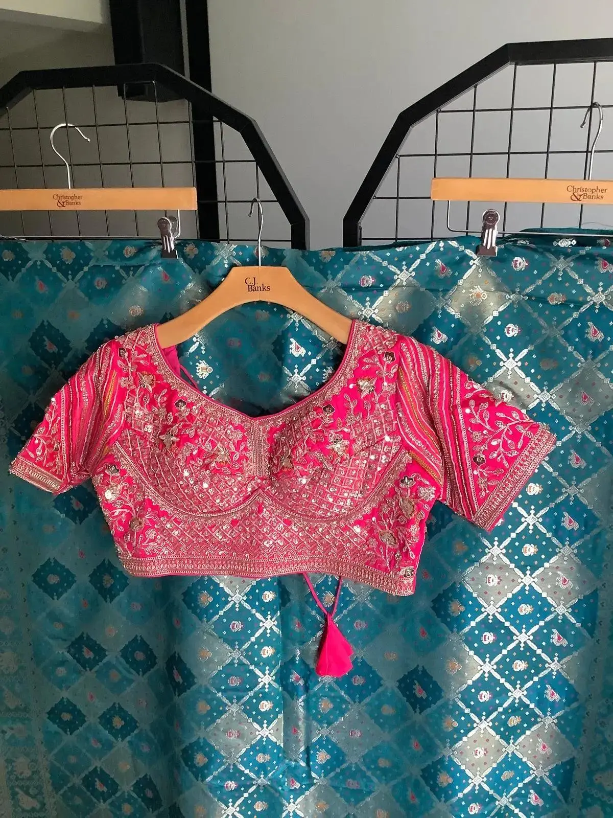 Teal Banarasi Saree with Heavy Embroidered Pink Blouse