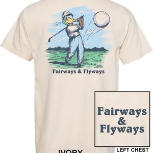 Fairways and Flyways. Short Sleeve Comfort Colors T-Shirt. Golf Swing. Ivory Color