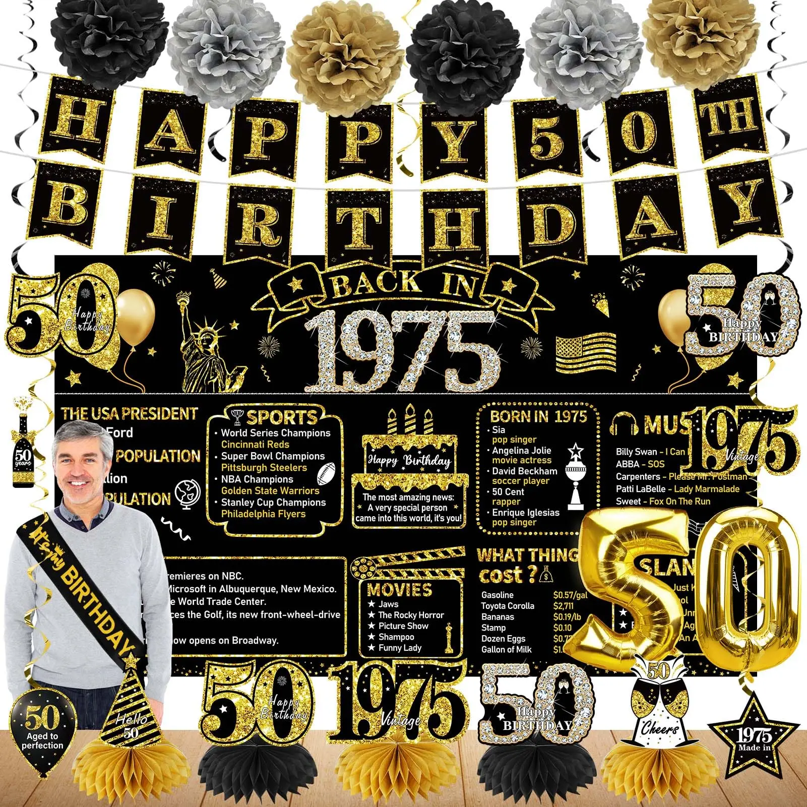 50th Birthday Decorations for Men Women, 21pcs Back in 1975 Banner, Black Gold Backdrop, Honeycomb Swirls