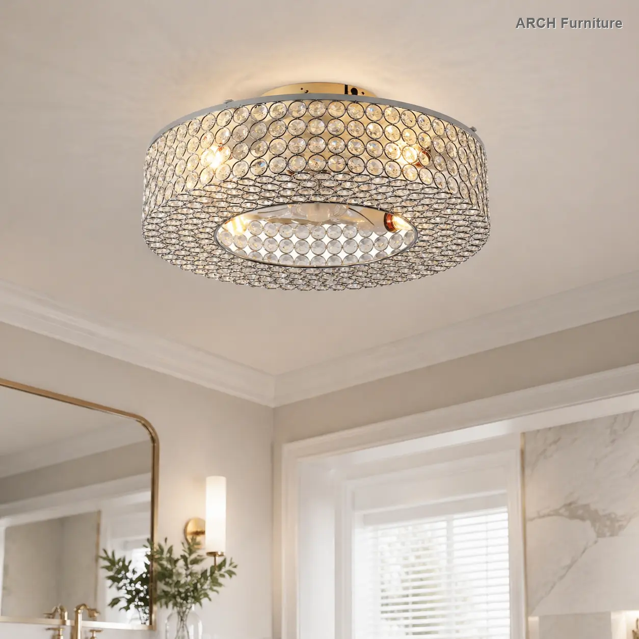 19.6'' Crystal Ceiling Fans with Remote, Flush Mount Ceiling Fan with Light, Chandelier Fan 6 Speed DC Motor Reversible Ceiling Fan For Living Room Bedroom.--NOT INCLUDED BULB