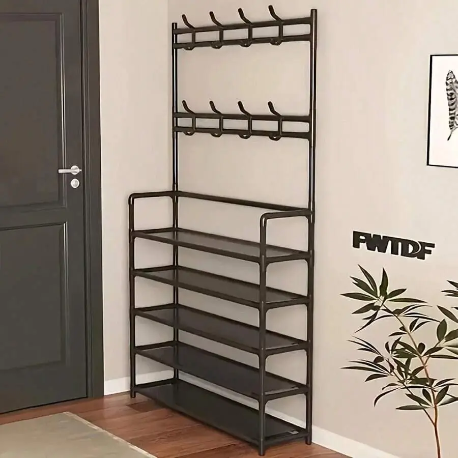 3-in-1 Entryway Organizer:  Rack with Coat Rack, 5-Tier  Storage Stand with 8 Hooks, Freestanding Hall Tree for Living Room, Bedroom shoe organizer Adjustable Shelf Rack Closet Rack