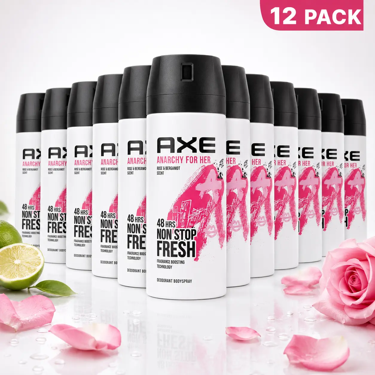 AXE Women's Anarchy For Her Deodorant Body Spray Bulk 12-Pack (5oz/150ml) - Rose & Citrus Bergamot Floral Fragrance, 48-Hour Freshness, Fragrance Boosting Technology, Teen Body Care for Daily Apply