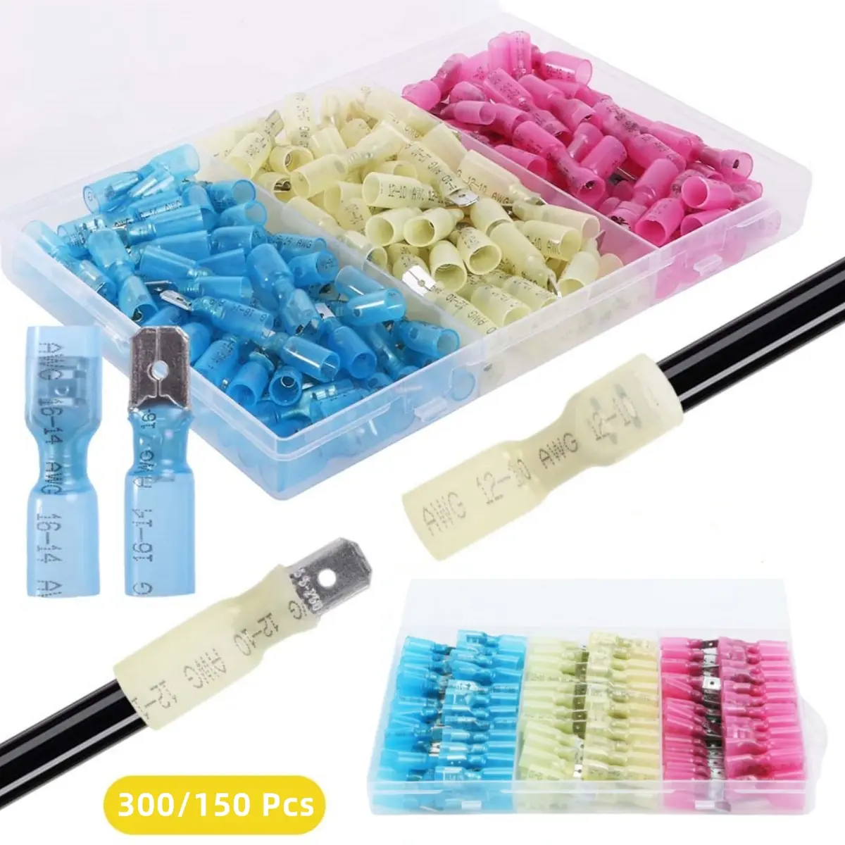 A Set of 300/150 Pcs Heat Shrink Spade Connectors Kit,Insulated Male Female Quick Disconnect Electrical Wire Terminals,AWG 22-16 16-14 12-10 Polyolefin Crimp Terminals Assortment,Fathersdaygift,Tools & Hardware