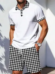 Men's Checkered Polo Shirt and Shorts Set, Summer Casual Two-Piece Outfit, Block Men's Top, Loose-Fitting Regular Length