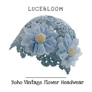 【LUCE&LOOM】Handmade Crochet Floral Beanie with Sheer Tulle Flowers & Pearl Accents – Vintage Boho Summer Headwear for Women