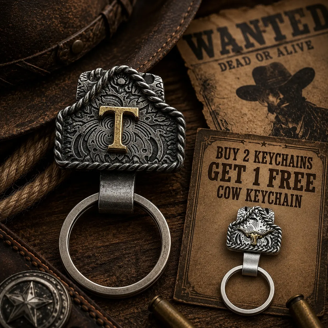 Handmade Cow Tag Belt Key Holder with Copper Initial – Custom Western Keychain for Men & Women, Texas-Inspired Cowboy Keychain, Fashion Accessory for Bags, Keys & Gifts