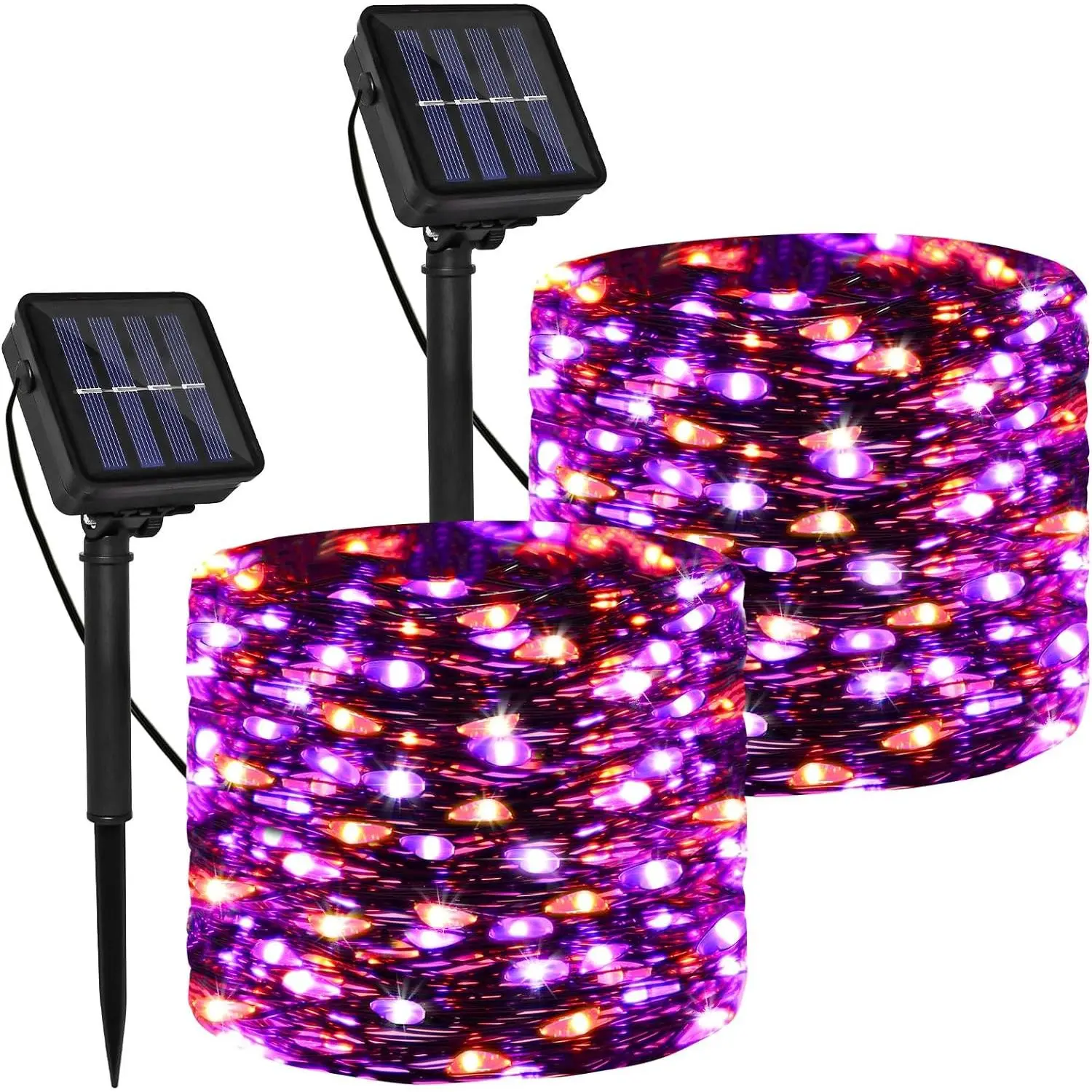 Solar String Lights 2 Pack, 66ft 200 LED Decorative Purple & Orange Lights on Black Copper Wire, 8 Modes Waterproof for Indoor Outdoor Halloween Decorations, Christmas, Party, Wedding, Garden, Synthetic