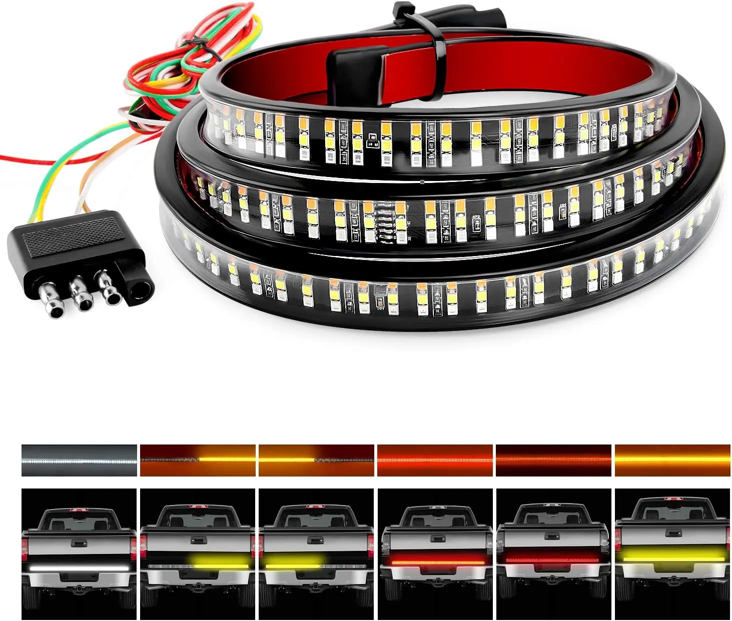 Nilight 60" Triple Row Truck Tailgate Light Bar, 504 LED Strip with Red Brake, White Reverse, Sequential Amber Turning, Strobe Lights - Silicone, Peel and Stick, 30,000 Hours, 300% Brighter, 4-Pin Flat Connector for Enhanced Visibility, Peel & Stick, Stri