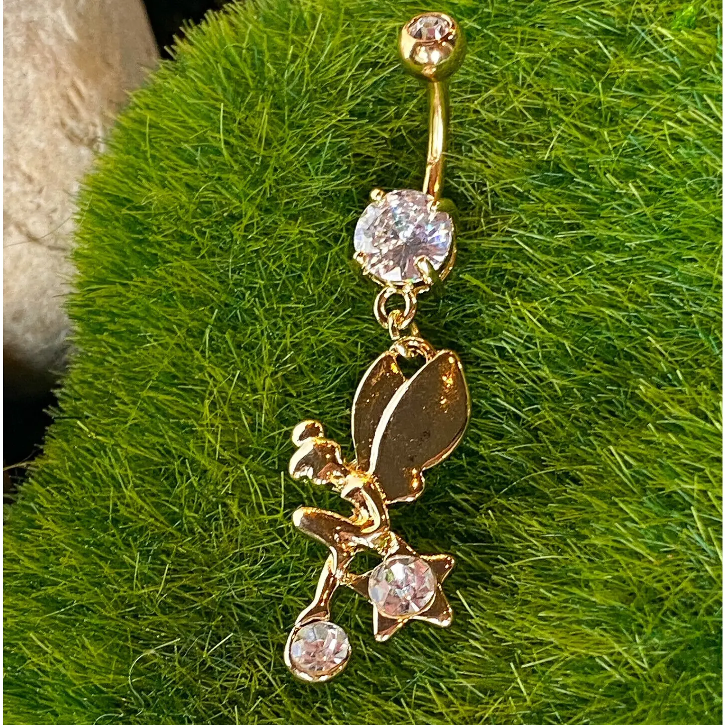 14kt Gold Plated Fairy Star CZ Gem Belly Ring Tinkerbell Pierced Navel Naval