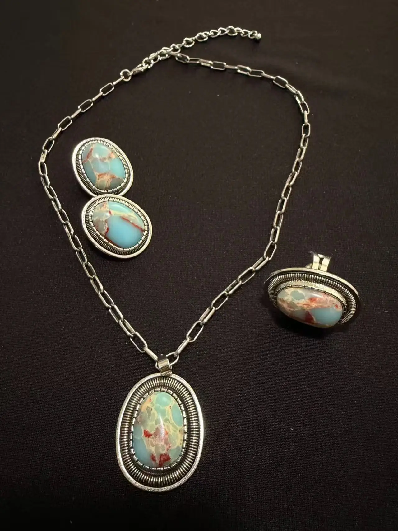 Western Oval Stone Pendant Jewelry Set -056