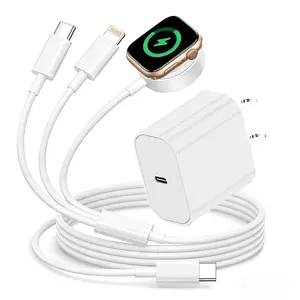 Multi 6.6ft Apple Watch 3-in-1 Magnetic Smart Fast Charging Cable with 20W Type-C Wall Charger Adapter Compatible with Apple Watch Series Ultra/SE/9/8/7/6/5/4/3/2/1 and iPhone 17/16/15/14/13/12/11 (Purple, Pink,