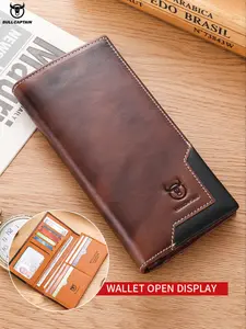 Men's Business Fashion Patchwork Pattern Long Wallet, 1 Piece Vintage Cowhide Zipper Bifold Wallet, Portable Coin Purse for Daily Use