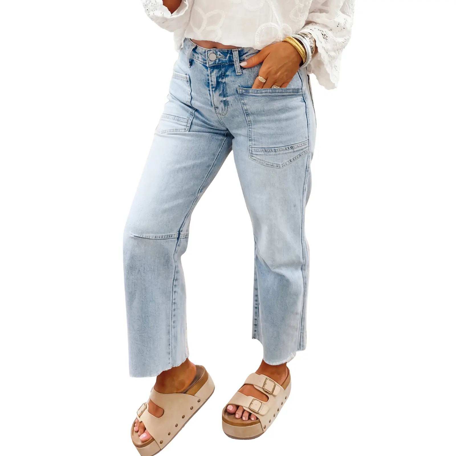 Asvivid Women's Comfortable Frayed Cropped Straight Jeans, Stylish Streetwear Denim with Pockets, Bottoms, Basic Asvivid Women's Comfortable Frayed Cropped Straight Jeans, Stylish Streetwear Denim with Pockets, Bottoms, Basic
