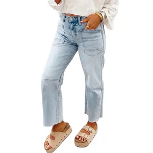 Asvivid Women's Frayed Cropped Straight Jeans with Pockets Denim Basic Trouser Bottom Pants Womenswear Streetwear summervibes